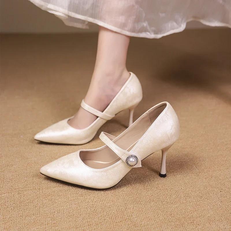 2024 Women's Heeled Single Shoes Stiletto Heel Pointed Toe Versatile Buckle Decoration Spring and Autumn Women's Shoes