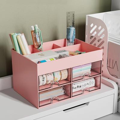 Pembe Masaüstü Kalemlik Küçük ve Kullanışlı Saklama Kutusu Ofis ve Ev Kullanımı için 4 Çekmeceli Masa, Saklama, Çok Fonksiyonlu, Eşyalar,