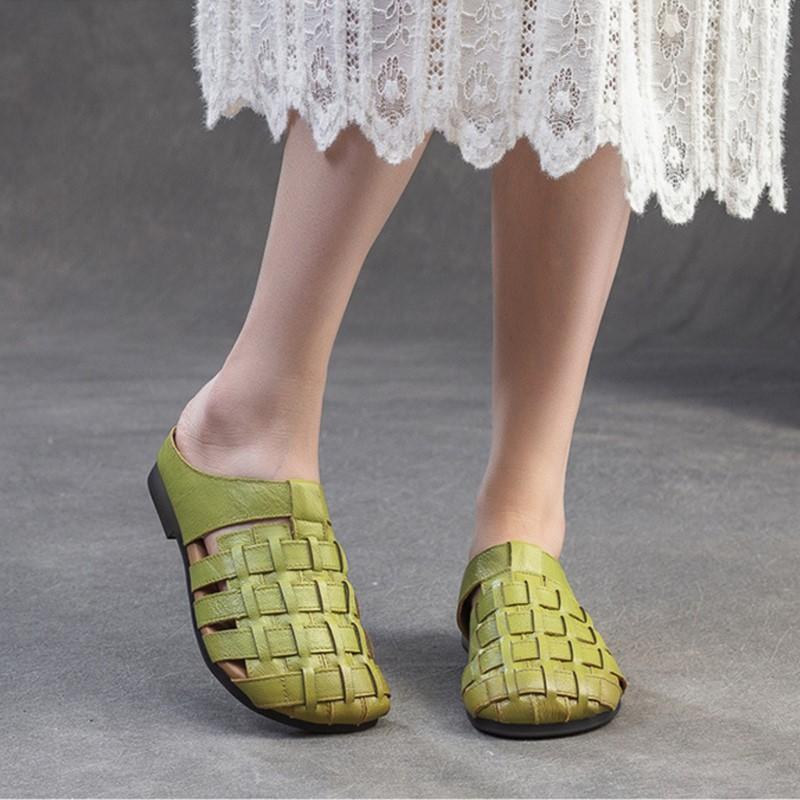 Fashion GKTINOO 2025 Summer New Handmade Woven Breathable Flat Slippers Casual Genuine Leather Women's Slip-on Shoes