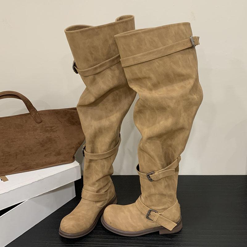 Fashion Eilyken Winter Punk Pleated Round Toe Women Over The Knee Boots Designer Buckle Strap Square Heels Shoes Botas Mujer