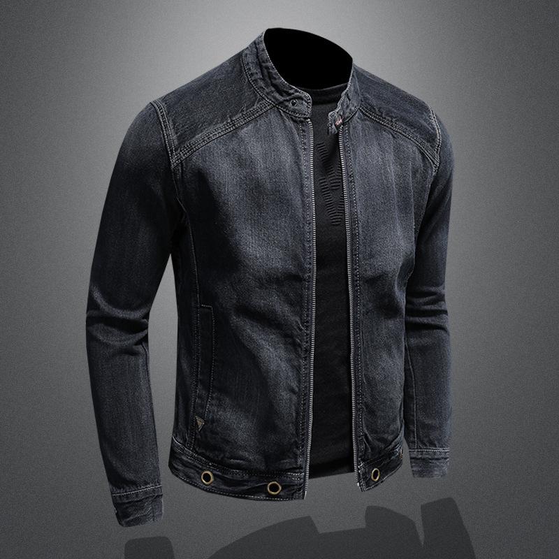 Spring 2020 Men's Dark Blue Retro Motorcycle Denim Jacket with Stand Collar and Zipper