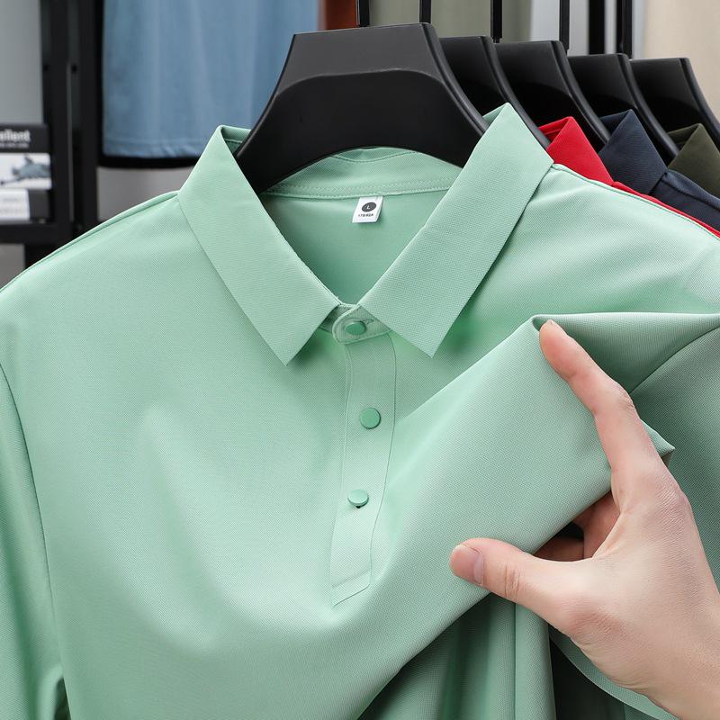 Pánské letní polo tričko z ledového hedvábí - Elastické, nemačkavé, jednobarevné, krátký rukáv, Business Casual s límečkem.