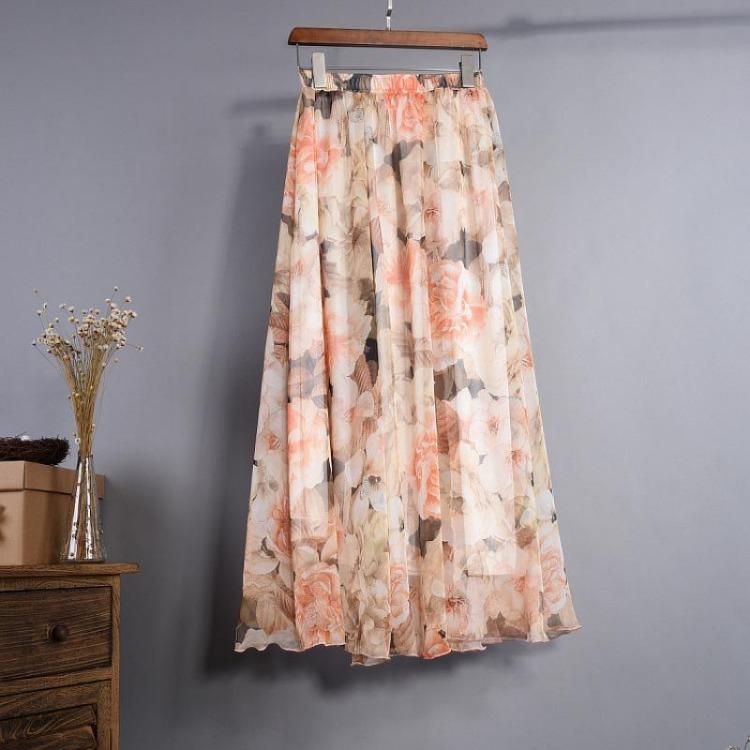 Bohemian Long Skirt Summer Retro Beach Skirt European and American New Style Printed Chiffon Skirt