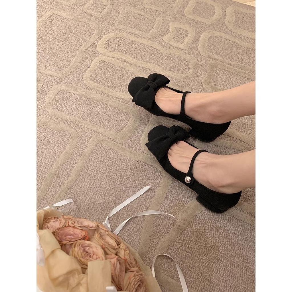 Sheepskin Version~ One Word with Bow Satin Mary Jane Shoes Women's Single Shoes Commuter Dinner Wedding Shoes