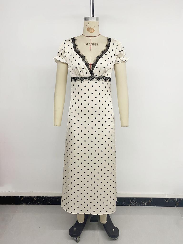 Maxi Abito a Pois in Pizzo con Scollo a V e Maniche a Sbuffo Stile Vacanza Francese