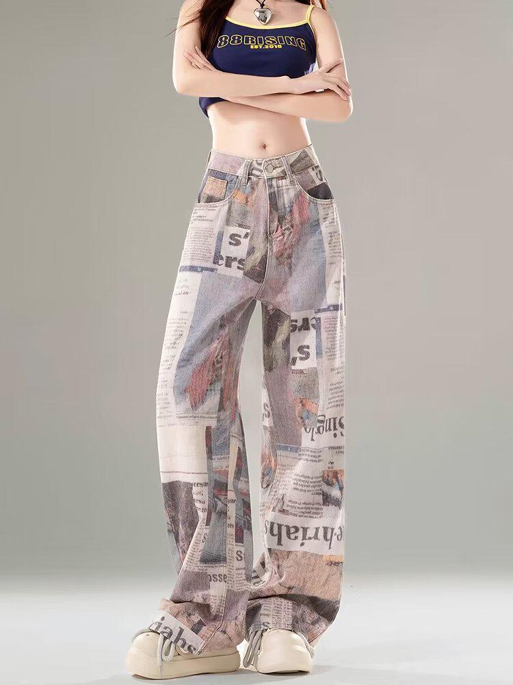 

Женские джинсы с высокой талией, ретро-градиентом и принтом газеты, широкие штанины 2XL