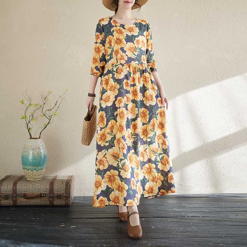 New Floral Vacation Style Travel Round Neck Vintage Long Flesh Covering Dresses