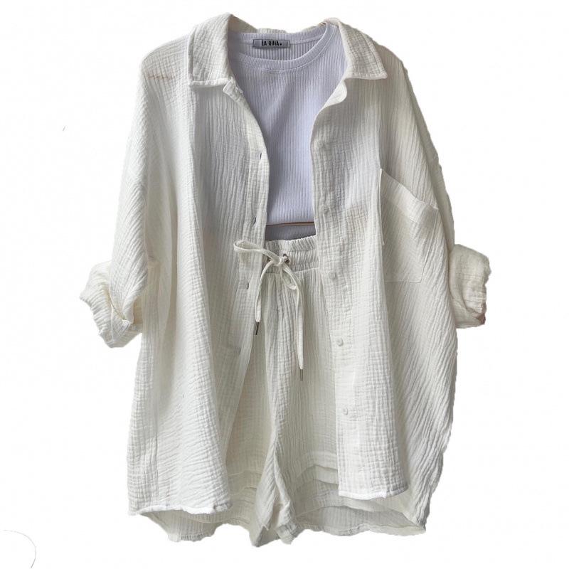 European and American Women's Crinkle Lapel Shirt & High Waist Shorts Two-Piece Set