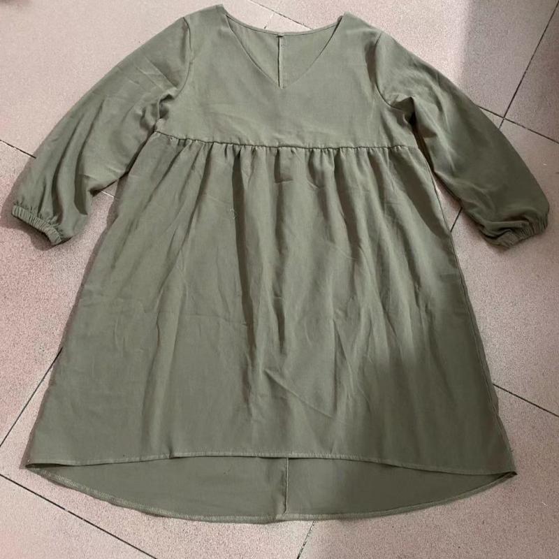Autumn Solid Cotton and Linen Casual Shirt Women V-neck Pleated Lantern Sleeve Plus Size Blouse Women Tops Fashion Elegant Vintage Lady Shirts 24688