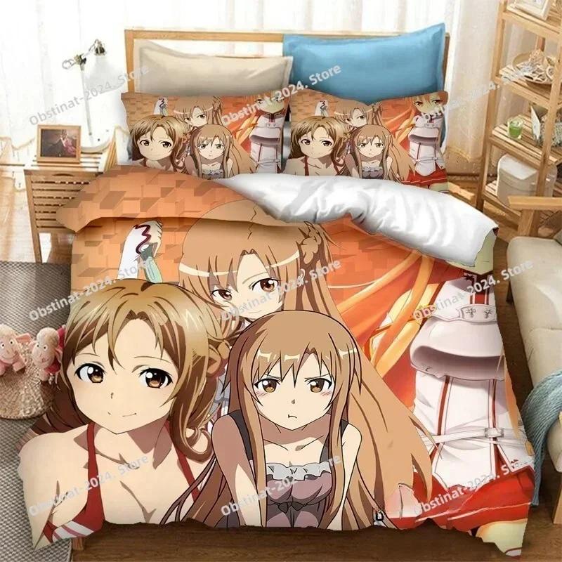Anime SAO Yuuki Asuna Bettwäsche-Set Gedruckt Einzelne Bettdecke Steppdecke Bettbezug Kissenbezug 3-teilige Sets Kinder Erwachsenengröße