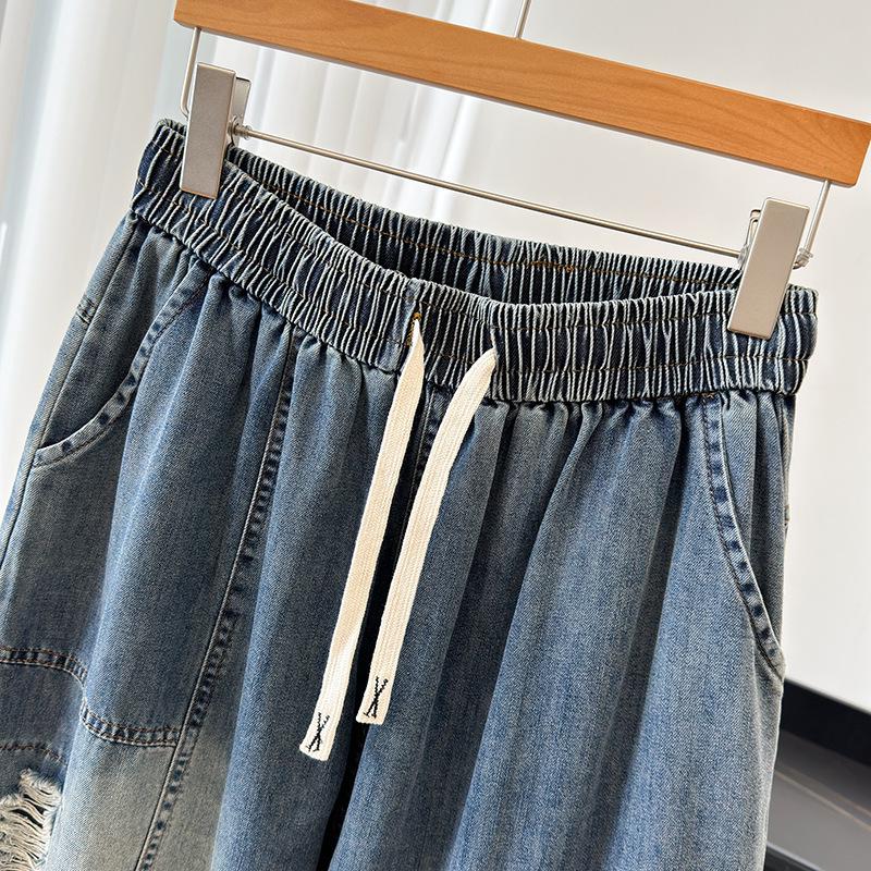 Women's Plus Size Elastic Waist Denim Harem Cropped Pants