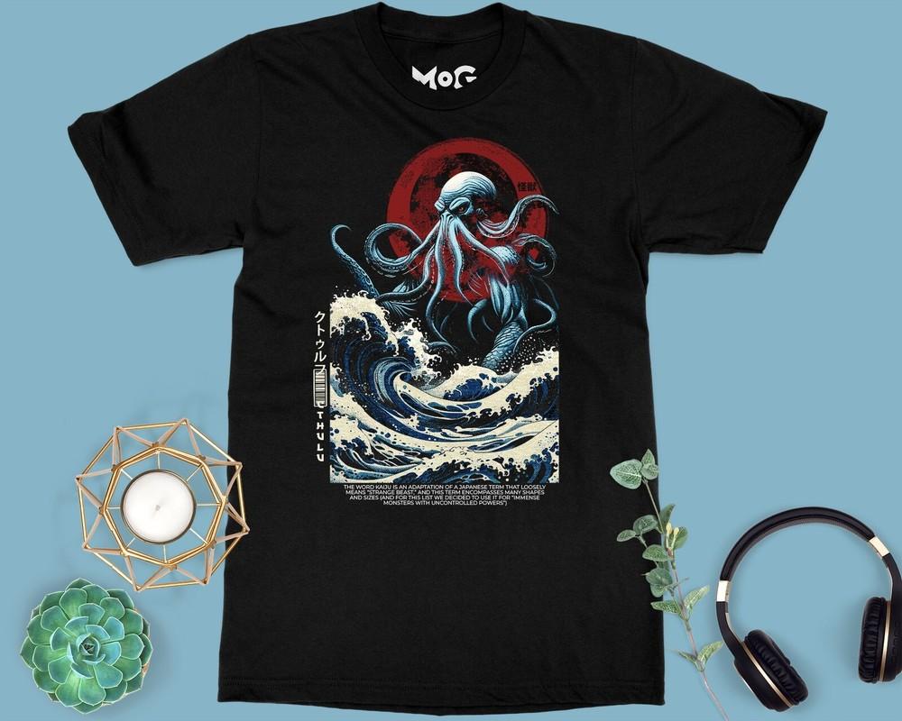 Cthulhu Sea Monster T-shirt Gothic Octopus Myth Hokusai Great Wave Horror Tee
