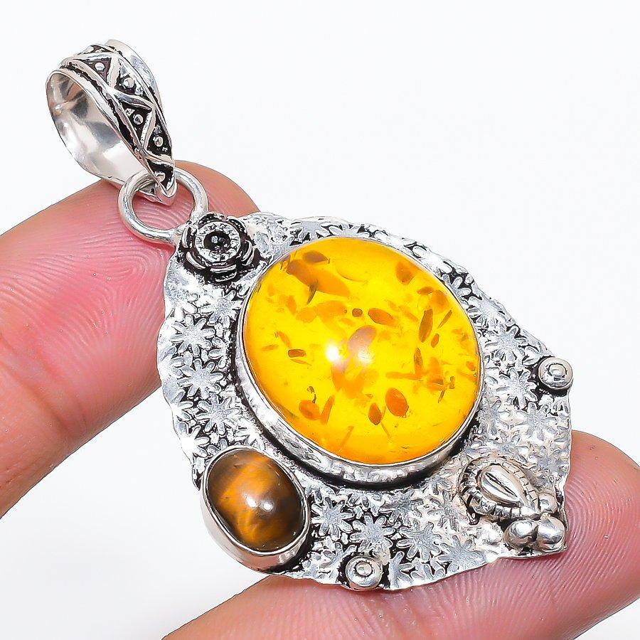 Натуральный Балтийский Янтарь, Тигровый Глаз Серебро 925 Пробы Подвеска 2.17 AP-14158