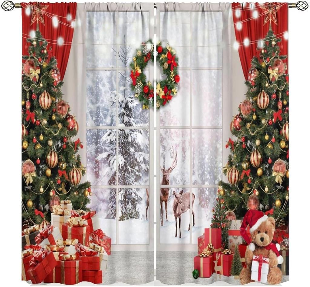 Christmas Curtains Red White Snowflakes Xmas Merry New Year Winter Holiday Party Decor Window Drapery Treatments Curtain Made Of Polyester
