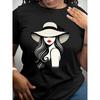 Europäische Größe Damen Weiß Eng Anliegendes Rundhals-T-Shirt, Kombiniert Mit Einem Einzigartigen Hut Und Rotlippen-Porträt-Print - Atmungsaktiv