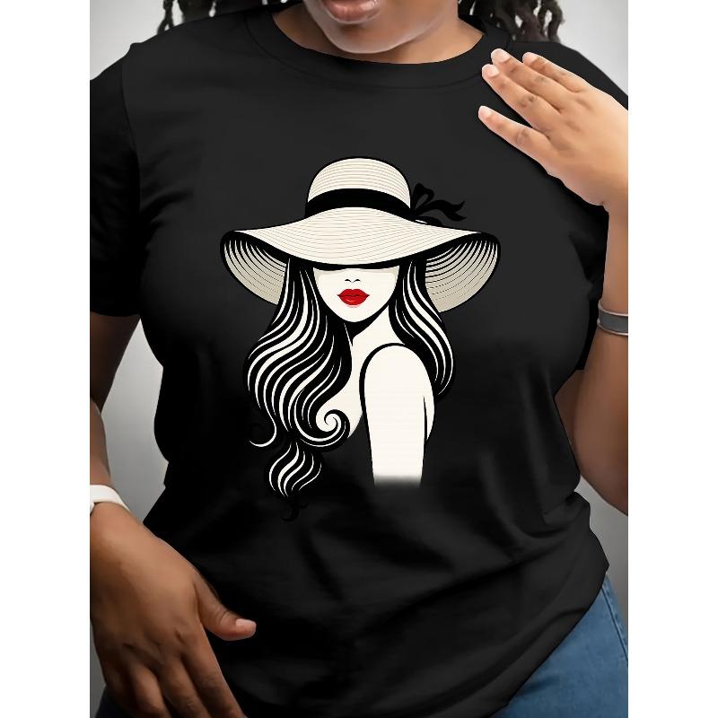 

European Size Women S White Fitted Round-Neck T-Shirt, Paired With A Unique Hat And Red Lip Portrait Print - Breathable 4XL чорний