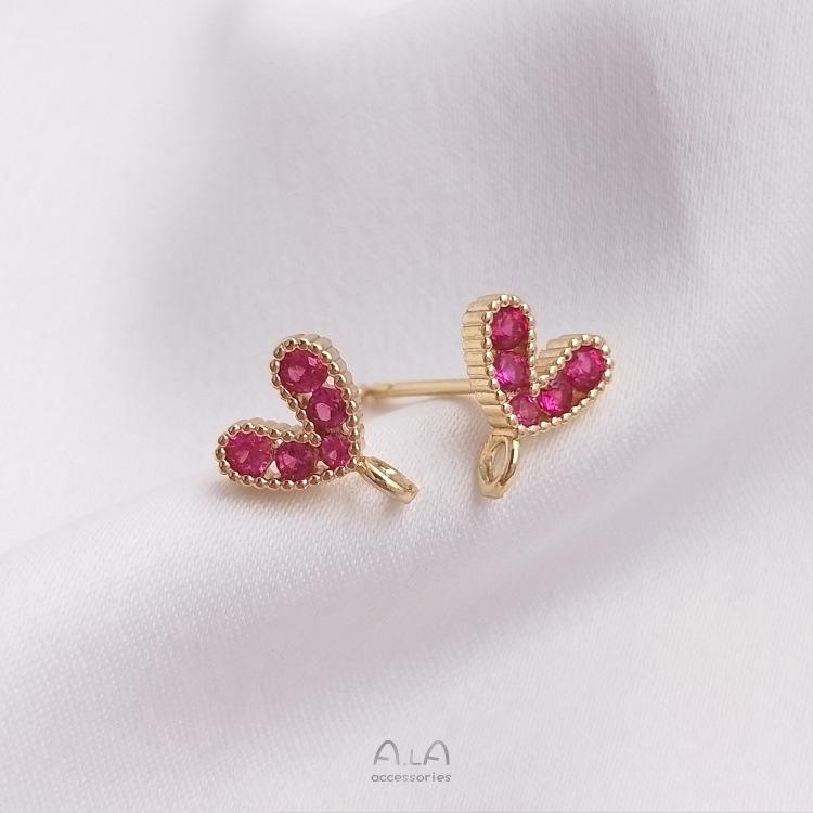 14K Gold-Filled Zircon Inlaid Peach Heart Stud Earrings with 925 Silver Post and Jump Ring