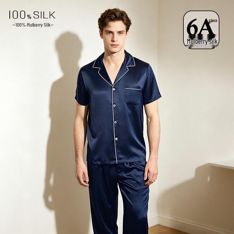 Men's Summer Silk Pajamas Set - 19 Momme Heavyweight Mulberry Silk, Short Sleeve Homewear