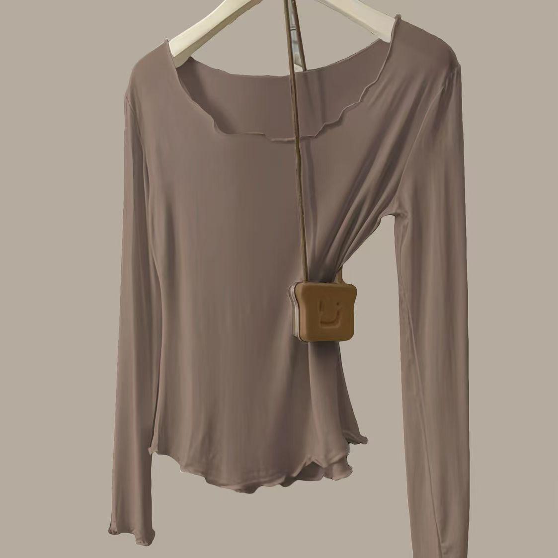 

Women s Autumn Modal Ribbed Top: Round Neck, Long Sleeve, Rolled Hem, Base Layer T-Shirt M