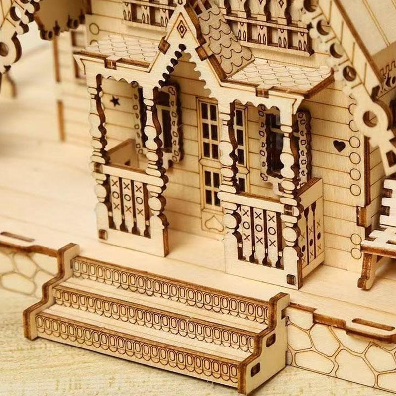 3D Wooden Jigsaw Puzzles For Adults Countryside Cottage Model Diy Illuminated Villa Miniature Building Kit Xmas Gift Boy Toys