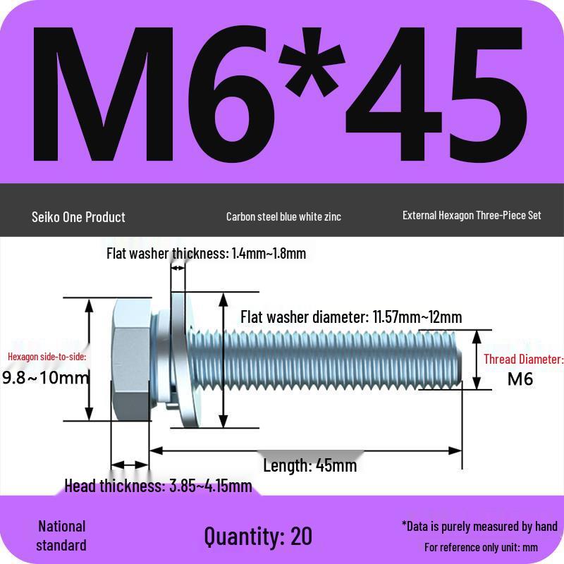 Grade 8.8 Galvanized Hex Bolt Set: Includes Hex Bolt, Spring Washer, Flat Washer (Sizes: M4, M5, M6, M8, M10, M12)