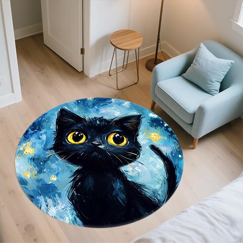 Night Cat Round Area Rug,Carpet Rug for Living Room Bedroom Sofa Playroom Decor,Non-slip Floor Mat