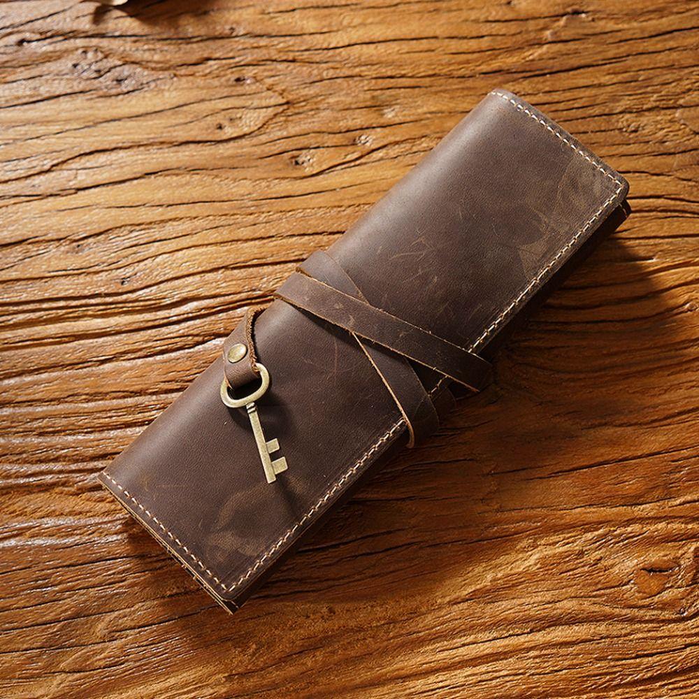 Tie Rope Genuine Leather Pencil Case Nature Cowhide Pen Protection Bag  Student Gift