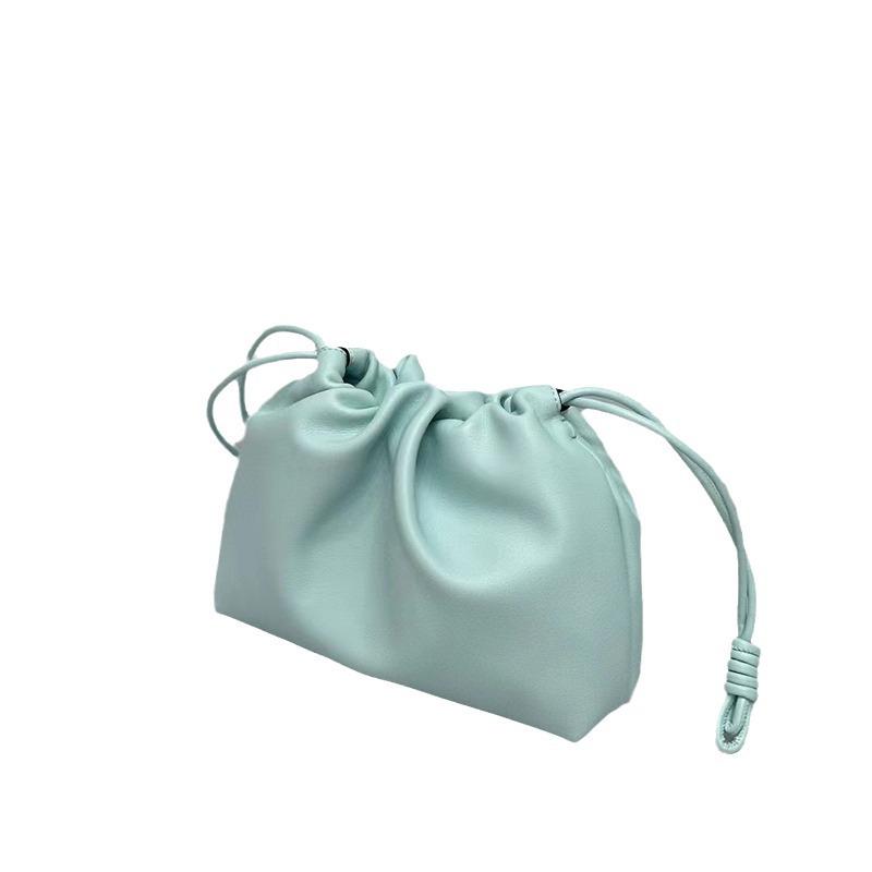 2024 Genuine Leather Trendy Pleated Bucket Bag - Small Drawstring Lucky Dumpling Messenger