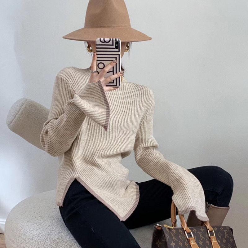 Autumn Elegant Sweater Women Korean Old Money Style Slim Contrast Color Jumper Autumn Winter Casual Knitwear Tops