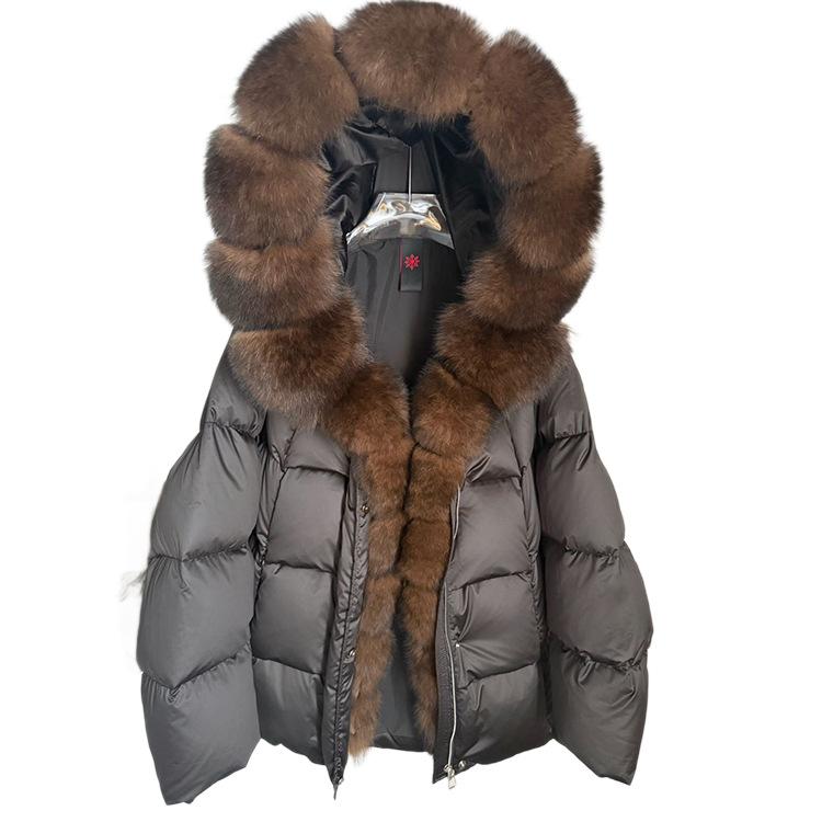 Winter new fox fur collar hooded white goose down jacket women's short loose thickened warm fur jacket