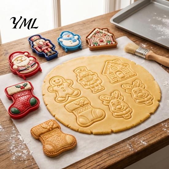 Interactive Baking Tools Christmas Cookie Cutter, Push Type Integrated Mold, Plastic Festive Pastry Stampers Clay Decorating Tool for Holiday Kitchen