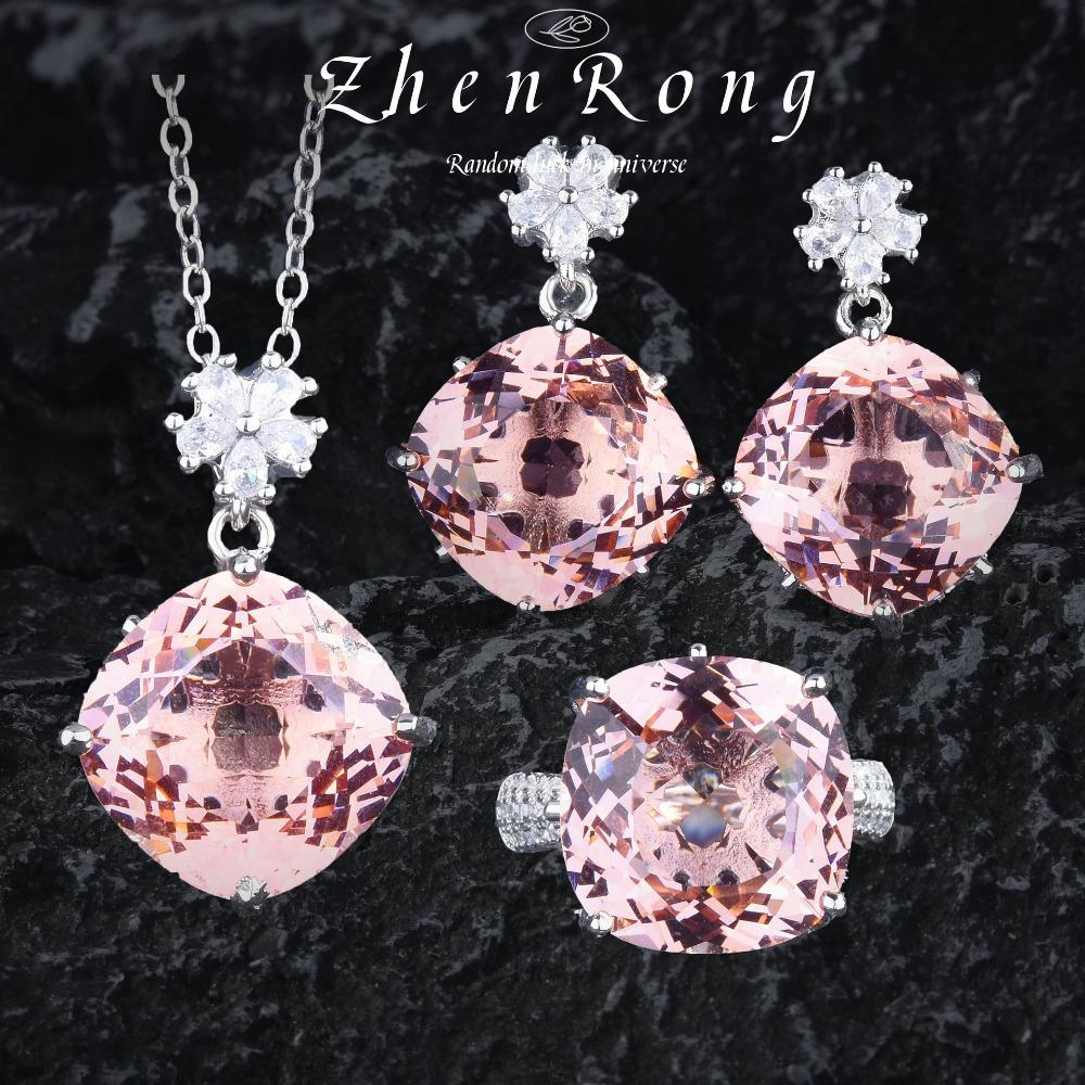 

Unique Women Jewelry Set Champagne Diamond Cocktail Ring Pink Morganite Earrings Tourmaline Gift