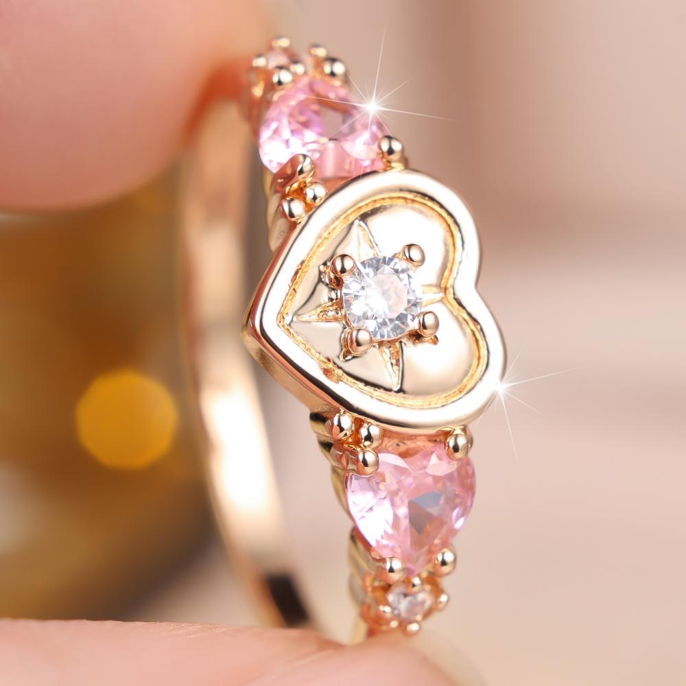 Romantic Heart Design Ring for Women Gold Plated Pink Color 2 Color Available Fashion Jewelry Gift