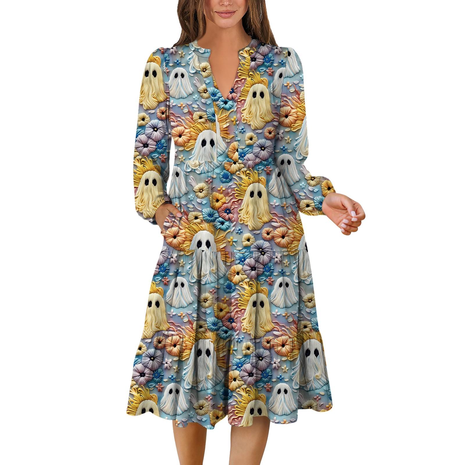 

Women s V-Neck Flowing Layered Bohemian Long Sleeve Halloween Print Dress XL