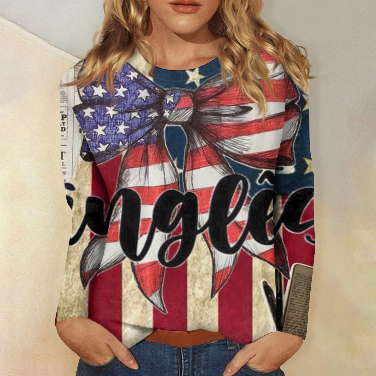 

Ladies Independence Day printed casual and fashionable round neck long sleeved pullover top M винний