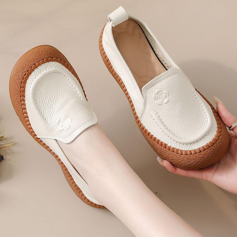 Dámské retro mokasíny z pravé kůže s kulatou špičkou, protiskluzové baleríny, měkké každodenní pracovní a volnočasové vycházkové boty, boty pro matku