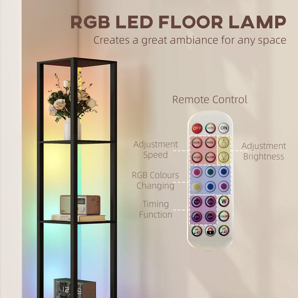 RGB LED Floor Lamp with Shelves, Modern Dimmable Standing Lamp with Remote Control, Adjustable Brightness & Speed for Living Room, Bedroom, Office