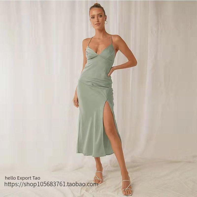 2022 European and American Sexy Satin Backless Lace-up Dress