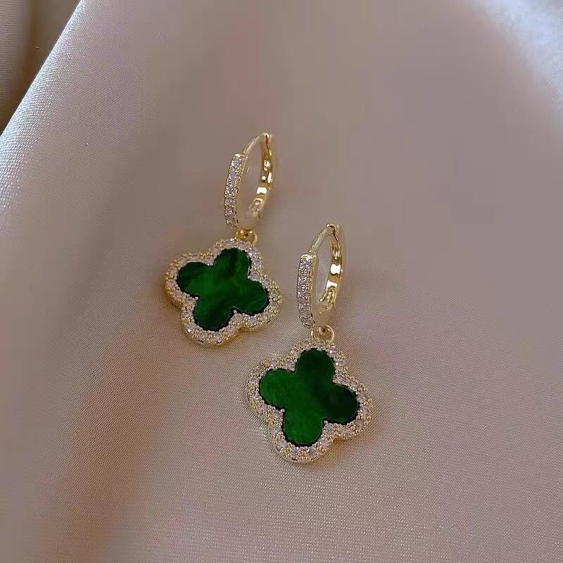 Boucles D'oreilles Plaquées Or 14 Carats - Motif Fleur Rouge Et Trèfle Avec Zircone - Cadeau Femme Tendance