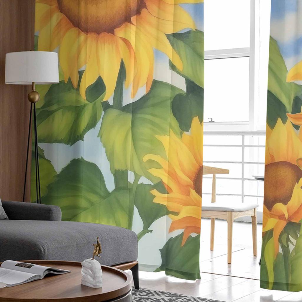 Flower Illustration Sunflowers Summer Retro Tulle Window Curtains for Bedroom Luxury Home Drapes In Living Room Chiffon Panels