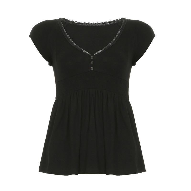

Black Lace Trim V Neck Button Detail Short Sleeve Empire Waist Casual Peplum Blouse S чорний