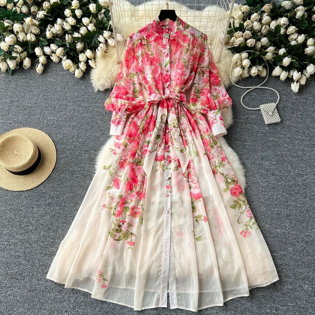 Abito Maxi da Donna a Manica Lunga con Collo Alto e Stampa Floreale, Vita Alta con Cintura da Legare, Elegante Abito Lungo Estivo a Linea A