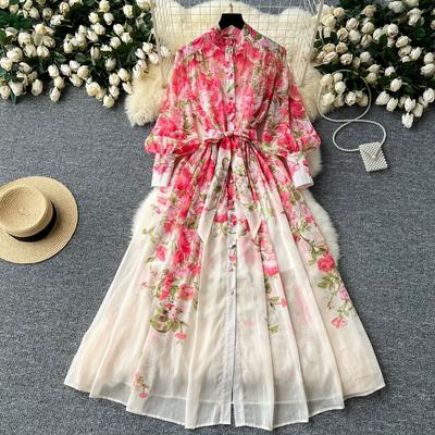 Women's Stand Collar Long Sleeve Floral Print Maxi Dress High Waist Self Tie Belt Elegant Summer A Line Long Dress