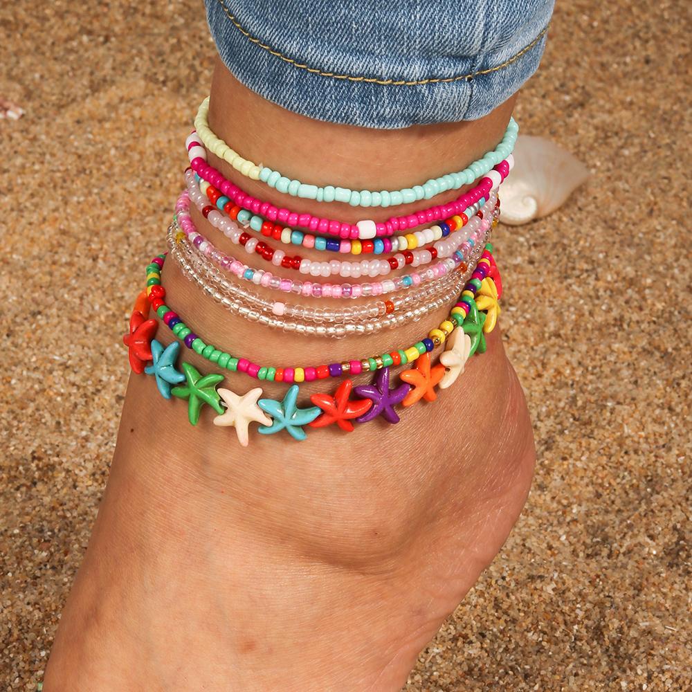 10Pcs Bohemian Handmade Colorful Beads Anklets for Women Girls Beaded Starfish Ankle Bracelet Summer Beach Jewelry Gifts