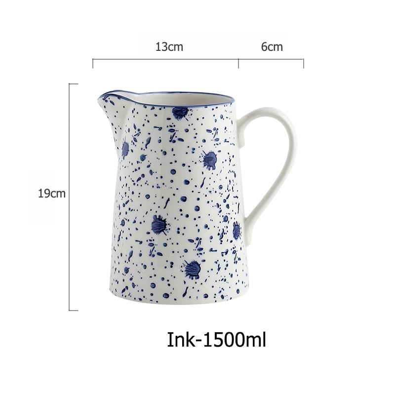 1.5L Blue Ceramic Water Jug Milk Tea Juice Bottle Household Kitchen Water Pot Kettle Mug Microwave Supply Water Jar