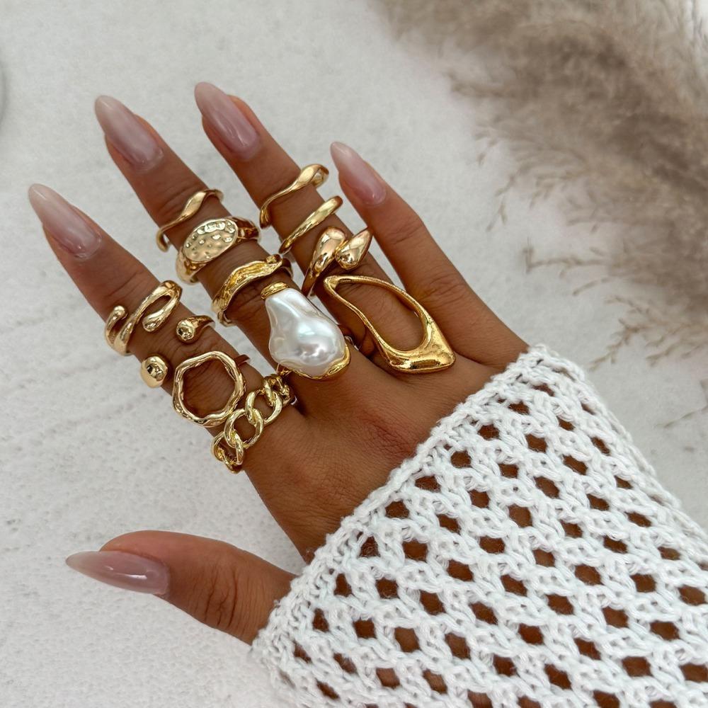 Trendy Irregular Baroque Pearl Ring Set – Geometric Hip-Hop Design, Light Luxury Statement Jewelry for Modern Women