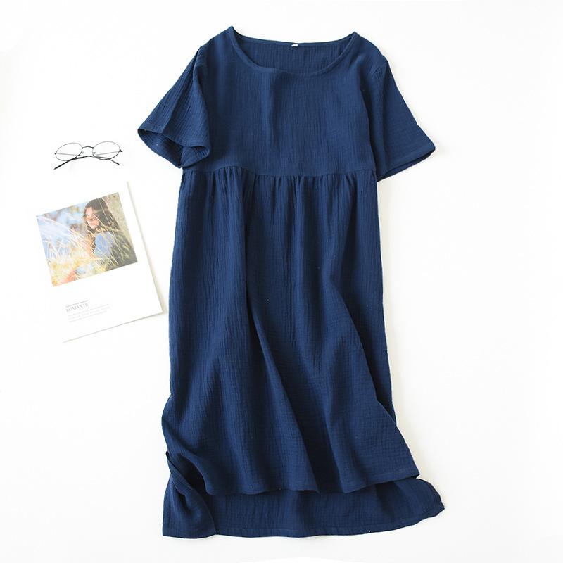 Summer Sleepshirts Comfortable Solid Color Cotton Gauze Long Skirt Home Nightgowns  Women's Round Neck Nightdress Thin Section