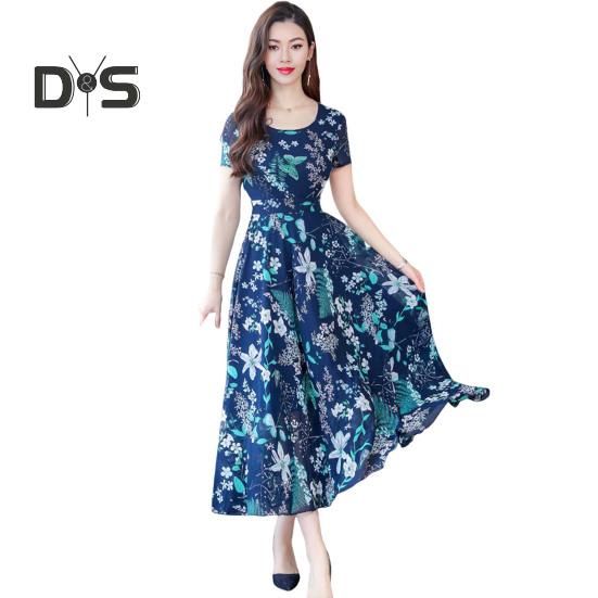 Dámské letní šaty s květinovým potiskem Plážové šaty do půli lýtek s upnutým pasem Krátký rukáv s kulatým výstřihem Šaty do A na prázdninové párty