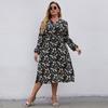Women Chic A Line Dress High Waist Slim Fit V Neck Long Sleeve Printed Lace Up New Autumn Winter XL 5XL