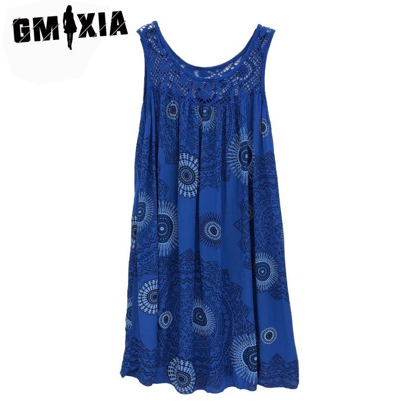 GMXIA Women's Fashion Summer Spring Solid Color Print Sleeveless O-Neck High Waist Casual Dresses